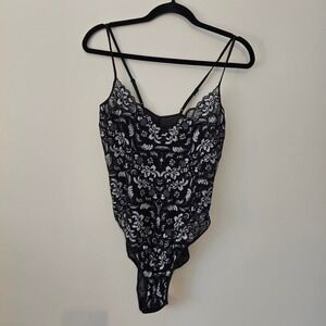 Y2K Festival Black White Floral Lace Mesh Back Bodysuit XL Adjustable Straps